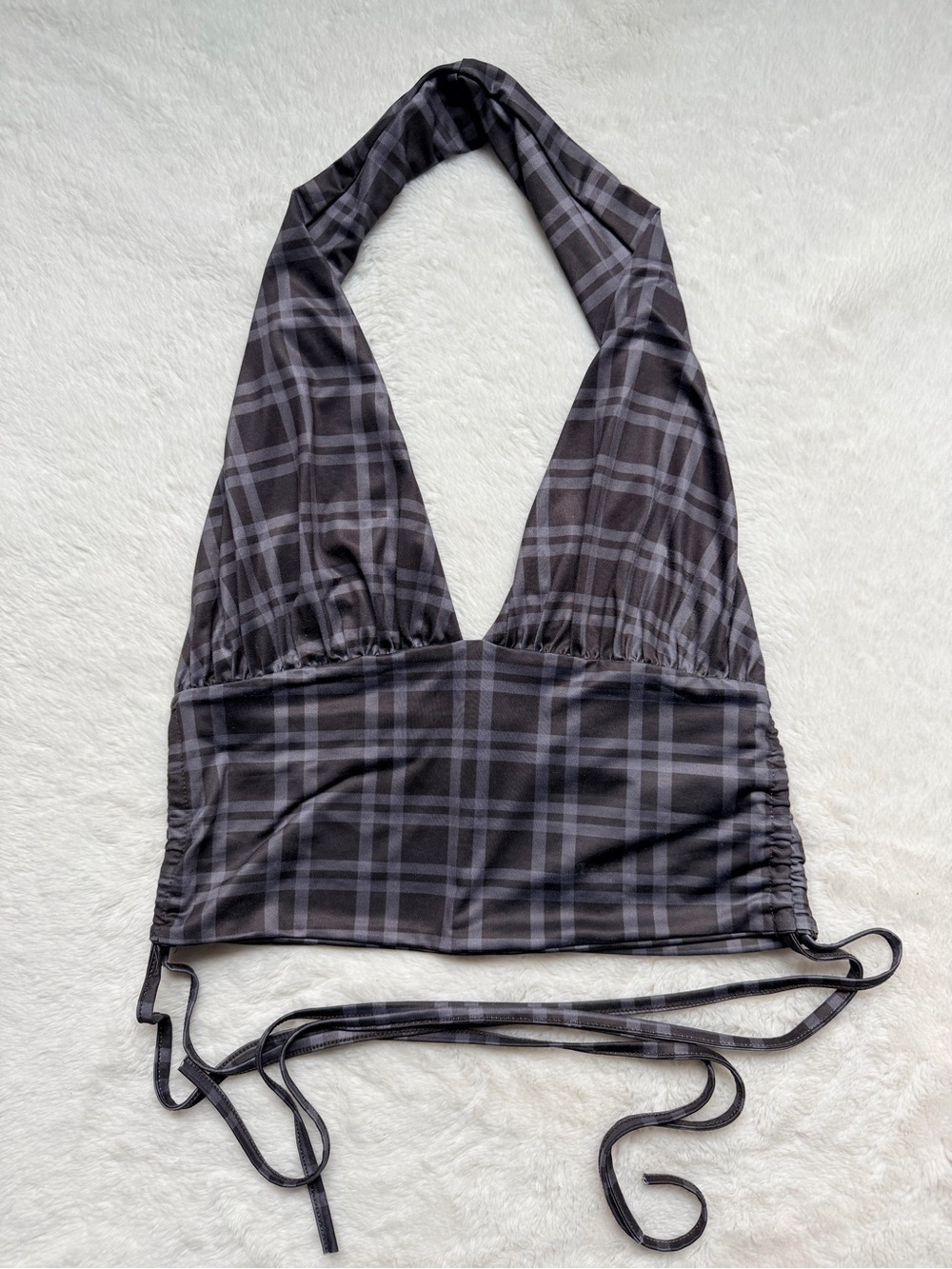 Plaid Halter Crop Top in Charcoal and Gray
